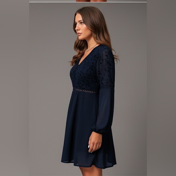 Guipure Lace Insert Lantern Sleeve Chiffon Dress Blue - Picture 5 of 12